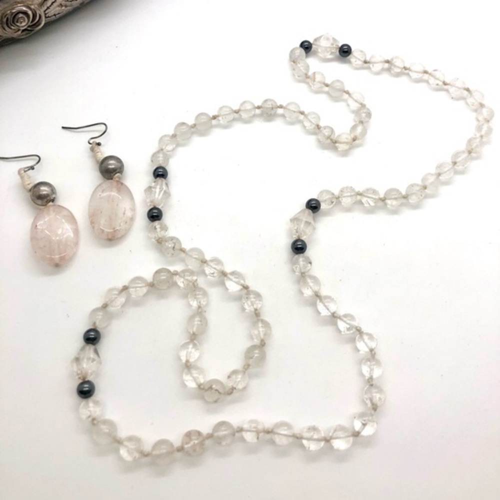 Vintage Glass Bead Necklace & Rose Quartz Earrings